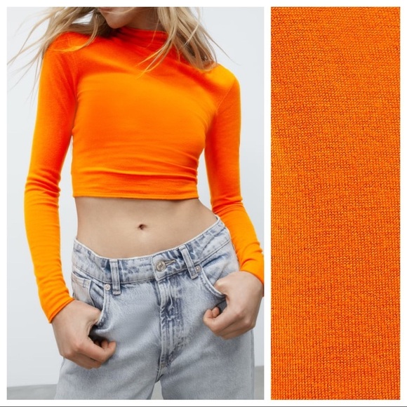 NWT. Zara Orange Ruched Shoulders Knit High Collar Sweater. Size S. - Picture 2 of 8